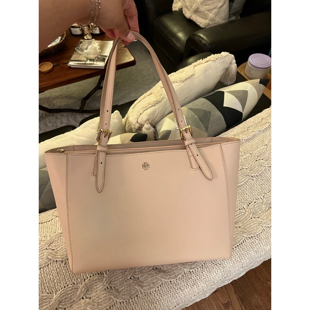 Tory Burch York Saffiano Leather Small Buckle Tote in a Light Pink✨